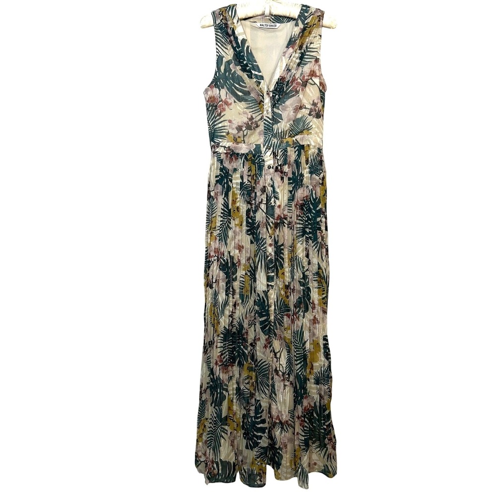Walter Baker Tropical Floral Metallic Pleated Midi Dress Womens Size Small